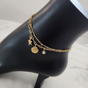 Gold Beach Starfish, Shell & Crystal Accent Charm Anklet Bracelet